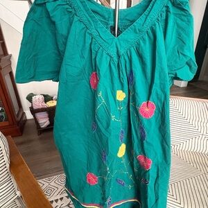 Chic Teal Floral Embroidered Dress